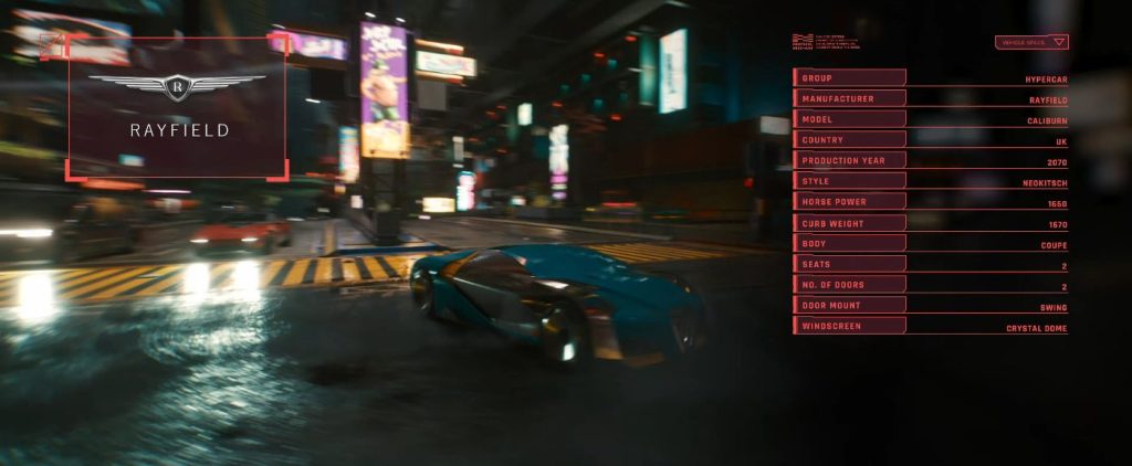 Cyberpunk 2077 Vehicles Guide Hypercars Tier Caliburn Rayfield