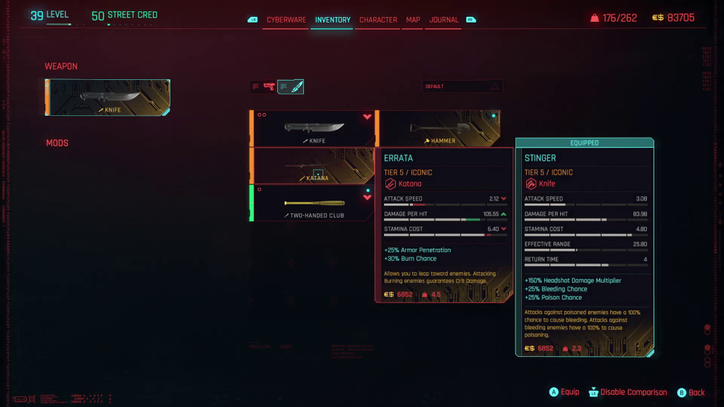 cyberpunk new 2.0 katana errata stats in inventory