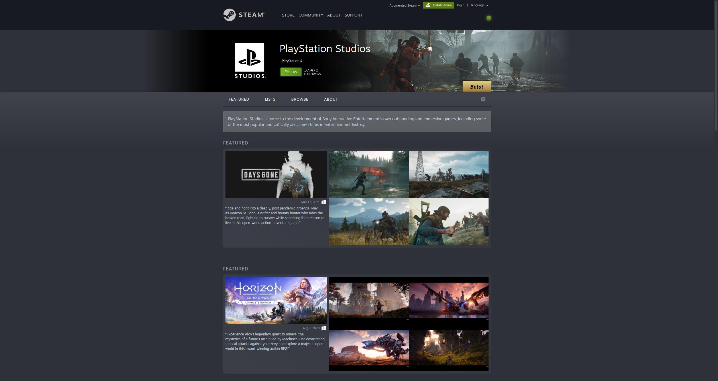 Playstation Steam Page