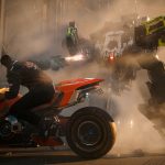 phantom liberty motorocycle vs mech action shot cyberpunk 2077