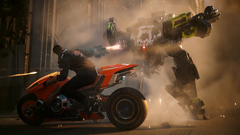 phantom liberty motorocycle vs mech action shot cyberpunk 2077