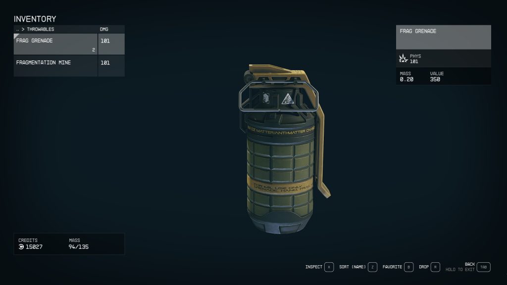 starfield throwables frag grenade inventory