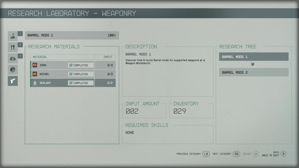 starfield upgrading equipment research lab screen