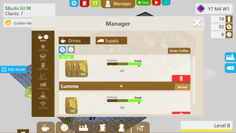 coffee shop tycoon menu