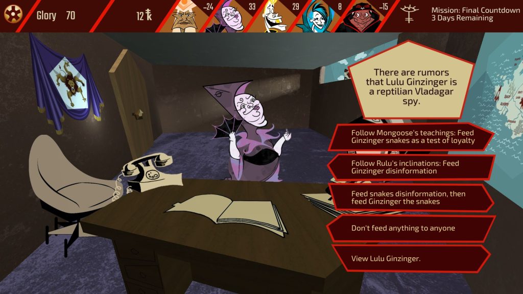 Rulu, the purple High Priest of Knowledge, tells the player, "There are rumours that Lulu Ginzinger is a reptilian Vladagar spy". The game gives you a set of choices.
"Follow Mongoose's teachings: Feed Ginzinger snakes as a test of loyalty", "Follow Rulu's inclinations: Feed Ginzinger disinformation", "Feed snakes disinformation, then feed Ginzinger the snakes", and "don't feed anything to anyone".