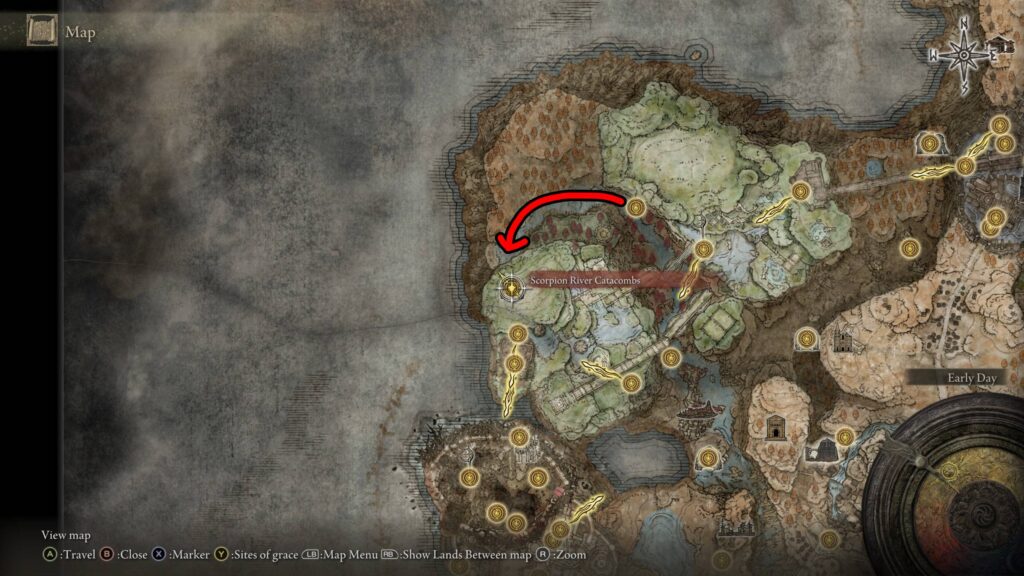 elden ring scorpion river catacombs dungeon guide on map v1